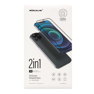 NILLKIN sticlă de protecție pentru ecran 2in1 (copertă completă 3D, curbată, rezistentă la zgârieturi, 0,33 mm, 9H + folie de protecție pentru cameră) NEGRU Apple iPhone 14 Plus