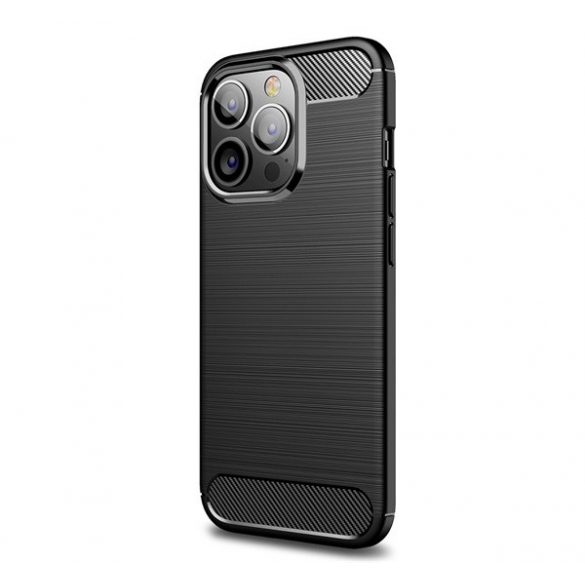 Protector de telefon din silicon (rezistență medie la impact, colț cu pernă de aer, periat, model carbon) NEGRU Apple iPhone 14 Pro