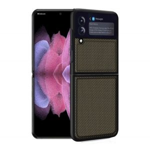 Protecție din plastic pentru telefon (rezistență medie la impact, spate cu efect de piele, model carbon) GOLD Samsung Galaxy Z Flip4 5G (SM-F721)