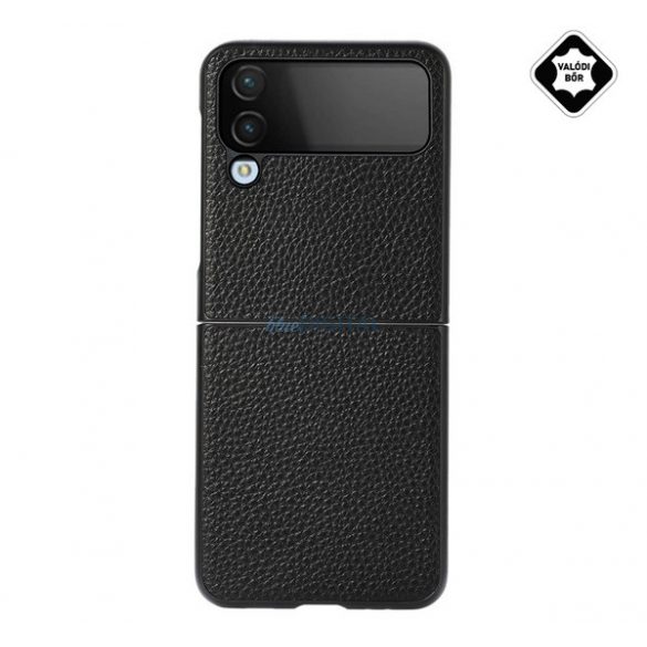 Protectie din plastic pentru telefon (cadru din silicon, spate din piele naturala) NEGRU Samsung Galaxy Z Flip4 5G (SM-F721)