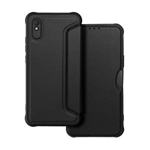 Carcasă în picioare, efect piele (FLIP, deschidere laterală, colț cu pernă de aer, protecție pentru cameră, model carbon) NEGRU Xiaomi Redmi 9A (Redmi 9 AT)