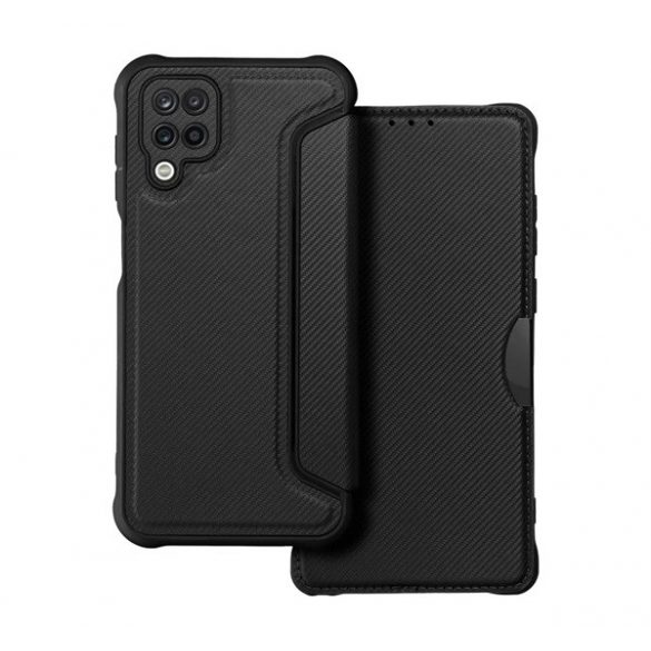 Husă în picioare, efect piele (FLIP, deschidere laterală, colț cu pernă de aer, protecție pentru cameră, model carbon) NEGRU Samsung Galaxy A12 (SM-A125F / SM-A127F)