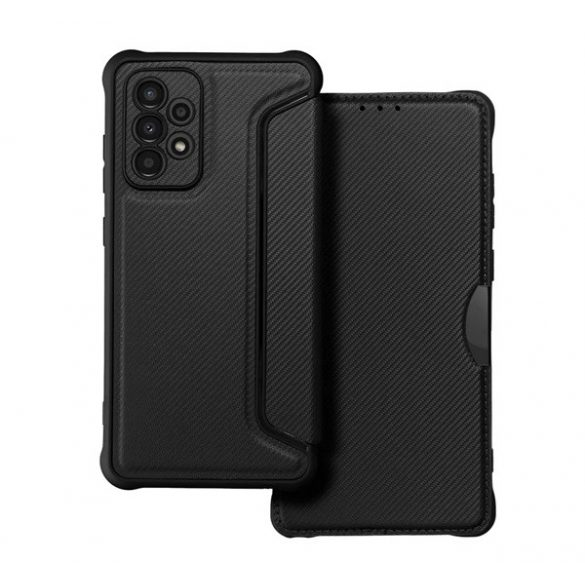 Husă stativă, efect piele (FLIP, deschidere laterală, hover, protecție cameră, model carbon) negru Samsung Galaxy A52 5G (SM-A526F), Samsung Galaxy A52 4G (SM-A525F), Samsung Galaxy A52s 5G (