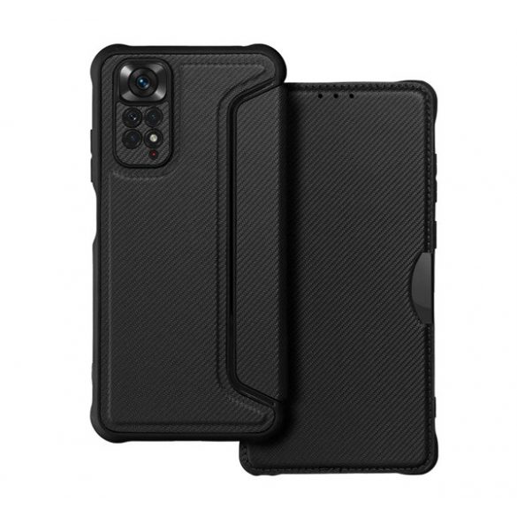 Husă stativă, efect de piele (FLIP, deschidere laterală, călcâi cu pernă de aer, protecție cameră, model de carbon) negru Xiaomi Redmi Note 11 4G (Redmi Note 11S)