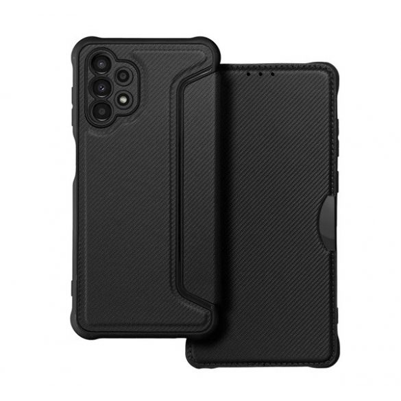 Husă în picioare, efect piele (FLIP, deschidere laterală, colț cu pernă de aer, protecție pentru cameră, model carbon) NEGRU Samsung Galaxy A13 4G (SM-A135F / A137F)