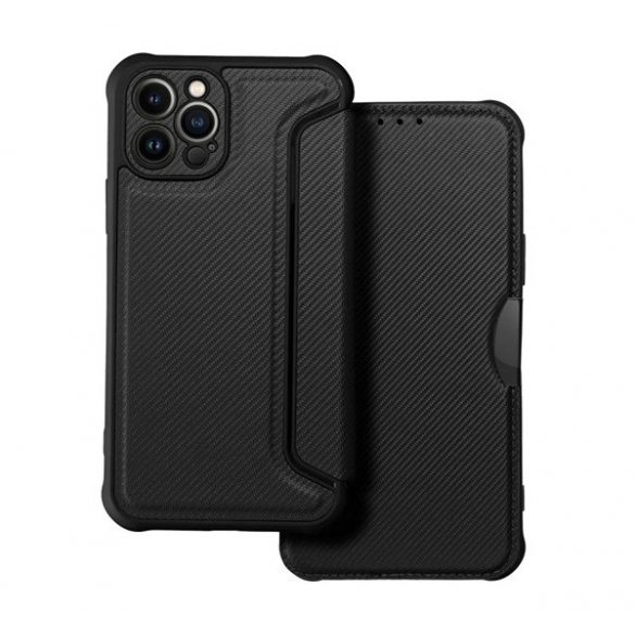 Husă în picioare, efect piele (FLIP, deschidere laterală, colț cu pernă de aer, protecție pentru cameră, model carbon) NEGRU Apple iPhone 14 Pro