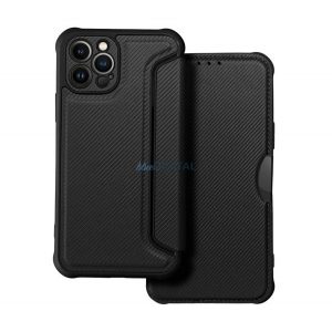 Husă în picioare, efect piele (FLIP, deschidere laterală, colț cu pernă de aer, protecție pentru cameră, model carbon) NEGRU Apple iPhone 14 Pro Max