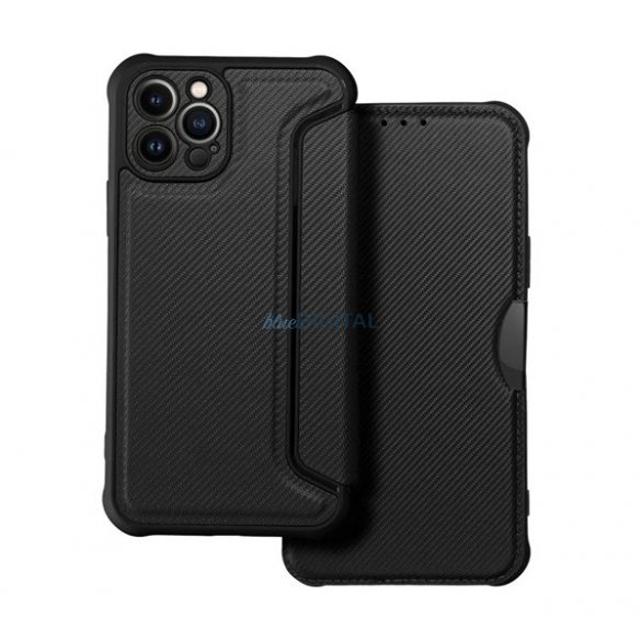 Husă în picioare, efect piele (FLIP, deschidere laterală, colț cu pernă de aer, protecție pentru cameră, model carbon) NEGRU Apple iPhone 14 Pro Max