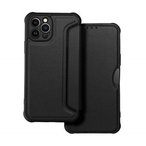 Husă în picioare, efect piele (FLIP, deschidere laterală, colț cu pernă de aer, protecție pentru cameră, model carbon) NEGRU Apple iPhone 13 Pro Max