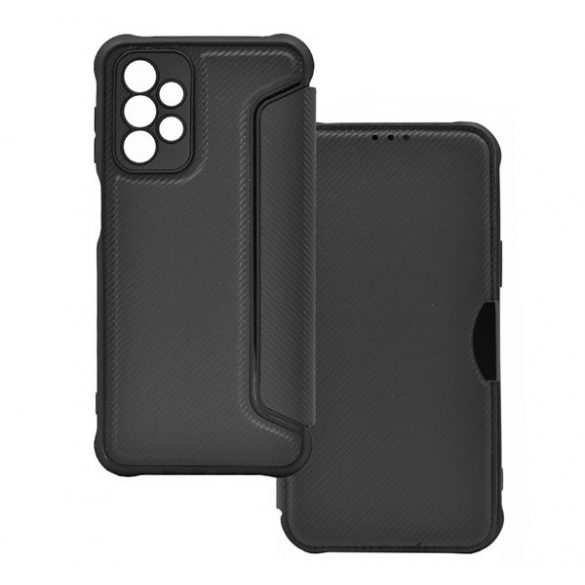 Husă stativă, efect piele (FLIP, deschidere laterală, hover, protecție cameră, model carbon) negru Samsung Galaxy A23 5G (SM-A236F)