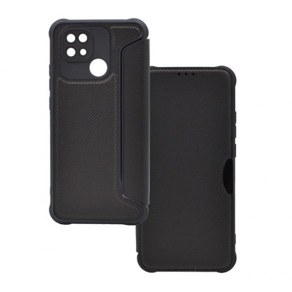 Carcasa in picioare, efect piele (FLIP, deschidere laterala, colt cu perna de aer, protectie camera, model carbon) NEGRU Xiaomi Redmi 10C