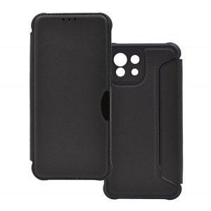 Husă staționară, efect piele (FLIP, deschidere laterală, colț cu pernă de aer, protecție pentru cameră, model carbon) NEGRU Xiaomi Mi 11 Lite 4G, Xiaomi Mi 11 Lite 5G, Xiaomi 11 Lite 5G NU