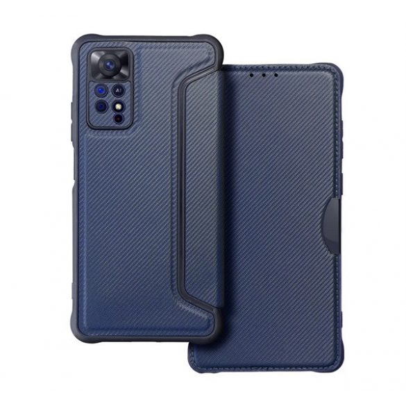 Carcasa in picioare, efect piele (FLIP, deschidere laterala, colt cu perna de aer, protectie pentru camera, model carbon) ALBASTRU INCHIS Xiaomi Redmi Note 11 Pro