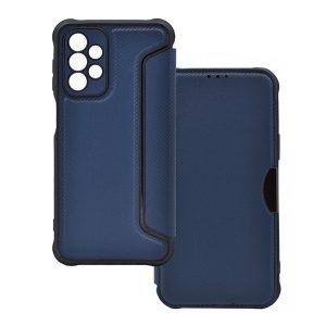 Carcasă în picioare, efect piele (FLIP, deschidere laterală, colț cu pernă de aer, protecție pentru cameră, model carbon) ALBASTRU ÎNCHIS Samsung Galaxy A23 5G (SM-A236F)