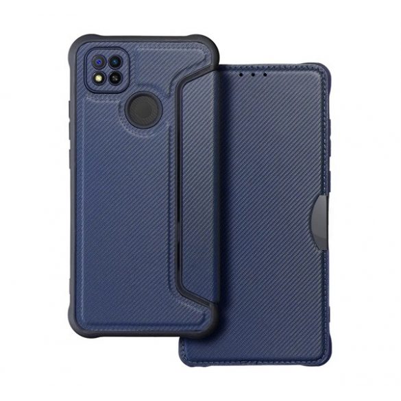 Carcasa in picioare, efect piele (FLIP, deschidere laterala, colt cu perna de aer, protectie pentru camera, model carbon) ALBASTRU INCHIS Xiaomi Redmi 9C, Xiaomi Redmi 10A