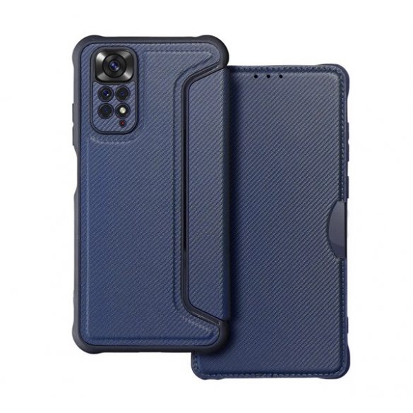 Husă stativă, efect de piele (FLIP, deschidere laterală, călcâi cu pernă de aer, protecție pentru cameră, model de carbon) BUTTON Xiaomi Redmi Note 11 4G (Redmi Note 11S)