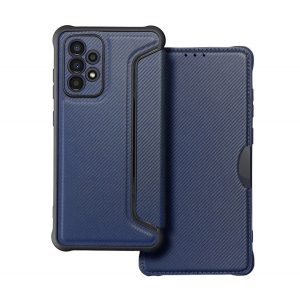 Husă în picioare, efect piele (FLIP, deschidere laterală, colț cu pernă de aer, protecție pentru cameră, model carbon) ALBASTRU ÎNCHIS Samsung Galaxy A52 5G (SM-A526F), Samsung Galaxy A52 4G (SM-A525F), Samsung Galaxy A52s