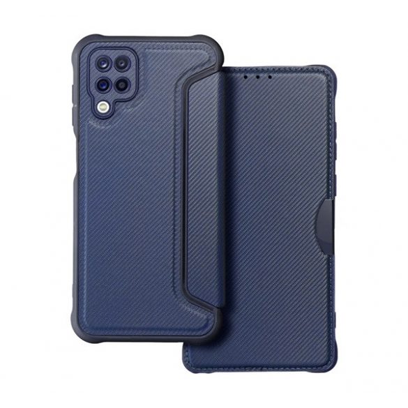 Husă în picioare, efect piele (FLIP, deschidere laterală, colț cu pernă de aer, protecție pentru cameră, model carbon) ALBASTRU ÎNCHIS Samsung Galaxy A12 (SM-A125F, SM-A127F)