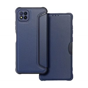 Carcasă în picioare, efect piele (FLIP, deschidere laterală, colț cu pernă de aer, protecție pentru cameră, model carbon) ALBASTRU ÎNCHIS Samsung Galaxy A22 5G (SM-A226)