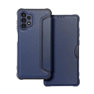 Carcasă în picioare, efect piele (FLIP, deschidere laterală, colț cu pernă de aer, protecție pentru cameră, model carbon) ALBASTRU ÎNCHIS Samsung Galaxy A13 4G (SM-A135F / A137F)