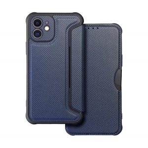 Husă în picioare, efect piele (FLIP, deschidere laterală, colț cu pernă de aer, protecție pentru cameră, model carbon) ALBASTRU ÎNCHIS Apple iPhone 12