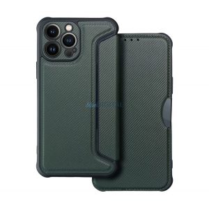 Carcasa in picioare, efect piele (FLIP, deschidere laterala, colt cu perna de aer, protectie pentru camera, model carbon) ALBASTRU INCHIS Apple iPhone 14 Pro Max