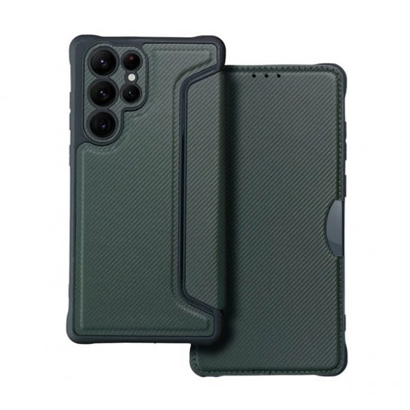 Carcasă în picioare, efect piele (FLIP, deschidere laterală, colț cu pernă de aer, protecție pentru cameră, model carbon) VERDE ÎNCHIS Samsung Galaxy S22 Ultra 5G (SM-S908)