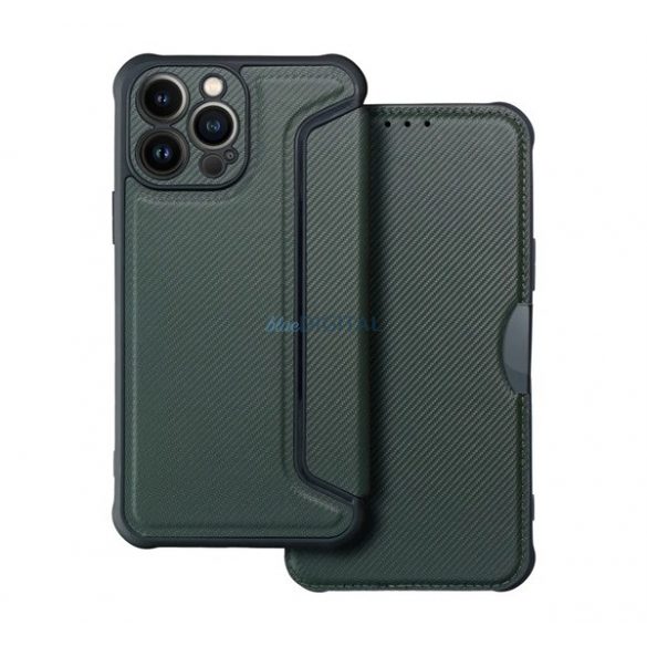 Carcasă în picioare, efect piele (FLIP, deschidere laterală, colț cu pernă de aer, protecție pentru cameră, model carbon) VERDE ÎNCHIS Apple iPhone 13 Pro Max