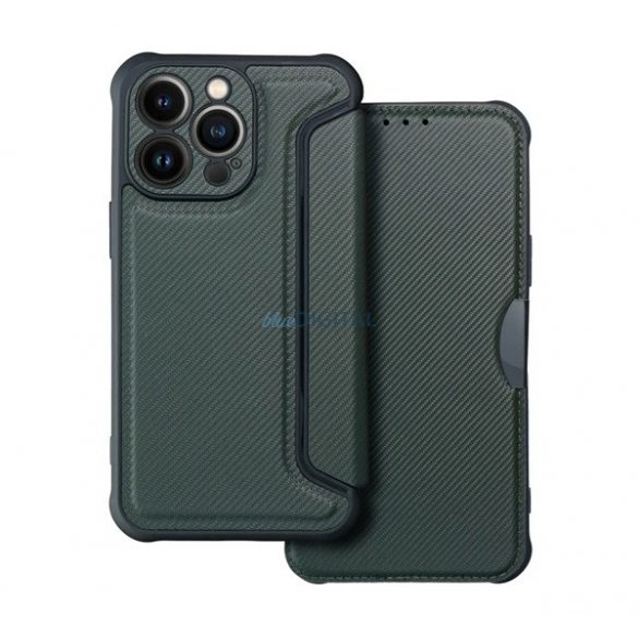 Husă în picioare, efect piele (FLIP, deschidere laterală, colț cu pernă de aer, protecție pentru cameră, model carbon) VERDE ÎNCHIS Apple iPhone 14 Pro Max