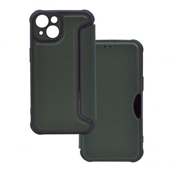 Carcasă în picioare, efect piele (FLIP, deschidere laterală, colț cu pernă de aer, protecție pentru cameră, model carbon) VERDE ÎNCHIS Apple iPhone 14