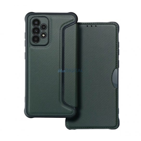 Carcasă în picioare, efect piele (FLIP, deschidere laterală, colț cu pernă de aer, protecție pentru cameră, model carbon) VERDE ÎNCHIS Samsung Galaxy A53 (SM-A536) 5G