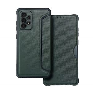 Husă în picioare, efect piele (FLIP, deschidere laterală, colț cu pernă de aer, protecție pentru cameră, model carbon) VERDE ÎNCHIS Samsung Galaxy A52 5G (SM-A526F), Samsung Galaxy A52 4G (SM-A525F), Samsung Galaxy A52