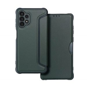 Carcasă în picioare, efect piele (FLIP, deschidere laterală, colț cu pernă de aer, protecție pentru cameră, model carbon) VERDE ÎNCHIS Samsung Galaxy A13 4G (SM-A135F / A137F)