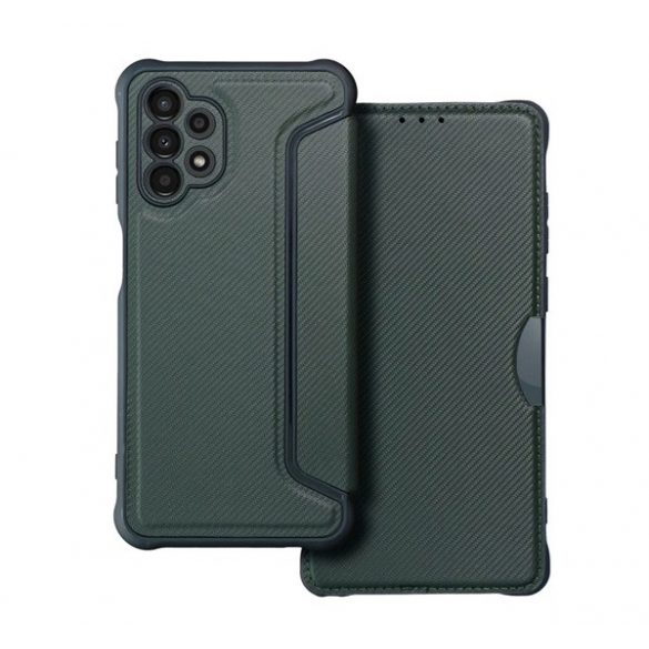 Carcasă în picioare, efect piele (FLIP, deschidere laterală, colț cu pernă de aer, protecție pentru cameră, model carbon) VERDE ÎNCHIS Samsung Galaxy A13 4G (SM-A135F / A137F)