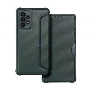 Carcasă în picioare, efect piele (FLIP, deschidere laterală, colț cu pernă de aer, protecție pentru cameră, model carbon) VERDE ÎNCHIS Samsung Galaxy A33 5G (SM-A336)