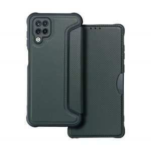 Carcasă în picioare, efect piele (FLIP, deschidere laterală, rezistență la impact, colț cu pernă de aer, protecție pentru cameră, model carbon) VERDE ÎNCHIS Samsung Galaxy A12 (SM-A125F, SM-A127F)