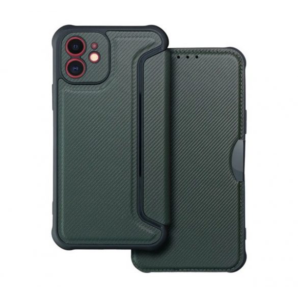 Husă în picioare, efect piele (FLIP, deschidere laterală, colț cu pernă de aer, protecție pentru cameră, model carbon) VERDE ÎNCHIS Apple iPhone 12