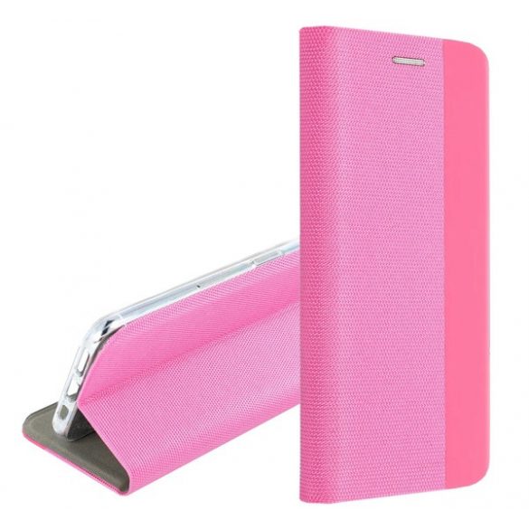 Carcasa in picioare, efect piele (FLIP, deschidere laterala, functie suport de masa, model textil) ROZ Apple iPhone 14 Pro