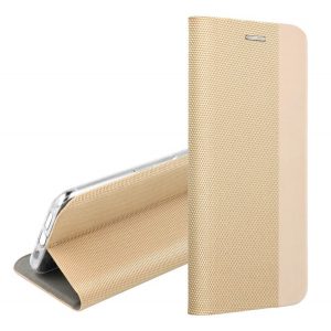 Carcasa in picioare, efect piele (FLIP, deschidere laterala, functie suport de masa, model textil) GOLD Apple iPhone 14 Pro Max