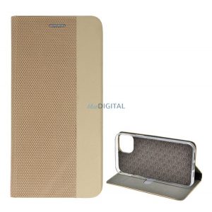 Carcasa in picioare, efect piele (FLIP, deschidere laterala, functie suport de masa, model textil) GOLD Apple iPhone 14 Plus