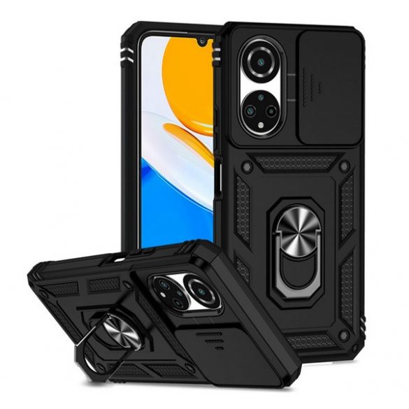 Protecție din plastic pentru telefon Defender (rezistență medie la impact, interior din silicon, inel suport telefon, protecție cameră) negru Honor X7 (2022)