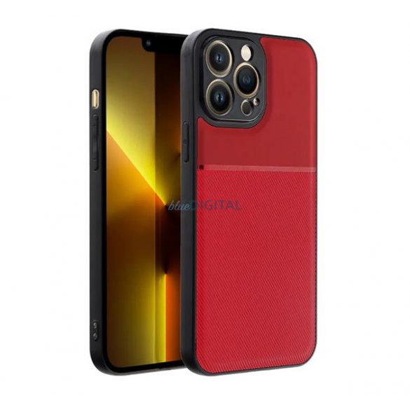 Protectie din plastic pentru telefon (cadru din silicon, rezistenta medie la impact, placa metalica incorporata, spate cu efect piele, model in dungi) RED Apple iPhone 14 Pro Max