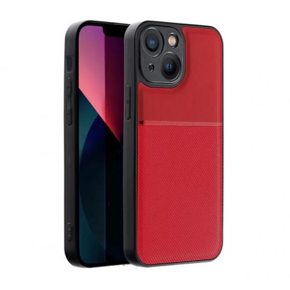 Protectie din plastic pentru telefon (cadru din silicon, rezistenta medie la impact, placa metalica incorporata, spate cu efect piele, model in dungi) RED Apple iPhone 14 Plus