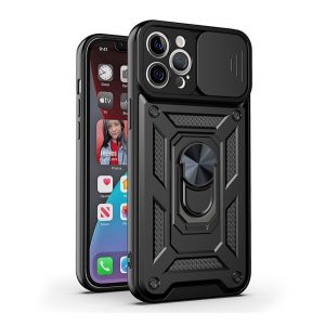 Protector de telefon din plastic Defender (rezistenta la impact mediu, interior din silicon, inel suport telefon, protectie camera) NEGRU Apple iPhone 14 Pro