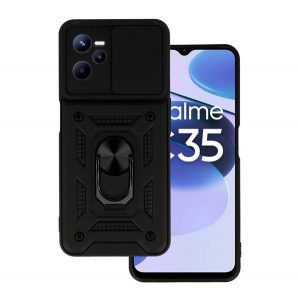 Protector de telefon din plastic Defender (rezistenta la impact mediu, interior din silicon, inel suport telefon, protectie camera) NEGRU Realme C35