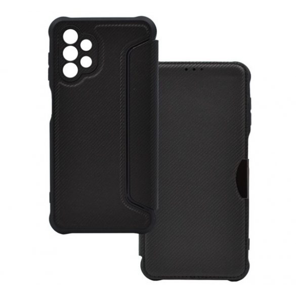 Husă în picioare, efect piele (FLIP, deschidere laterală, colț cu pernă de aer, protecție pentru cameră, model carbon) NEGRU Samsung Galaxy A13 5G (SM-A136), Samsung Galaxy A04s (SM-A047F)