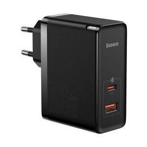 Încărcător BASEUS priză USB+Type-C (100W, GaN5, încărcător rapid PD) NEGRU