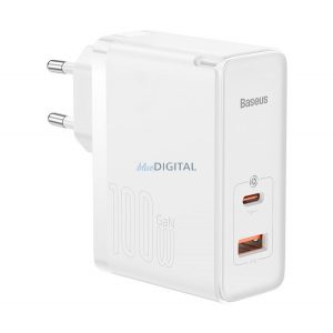 Încărcător BASEUS priză USB+Type-C (100W, GaN5, încărcător rapid PD 4.0) ALB