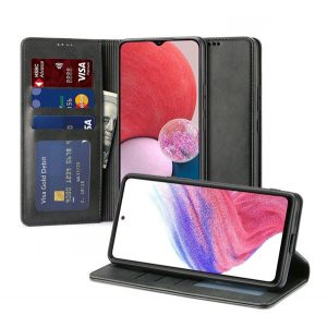 Husă în picioare, efect piele (FLIP, deschidere laterală, funcție suport desktop, premium) NEGRU Samsung Galaxy A13 5G (SM-A136), Samsung Galaxy A04s (SM-A047F)