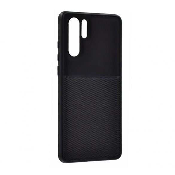 protecțiede telefon din plastic (cadru din silicon, rezistent la impact mediu, placă metalică încorporată, spate cu efect de piele, model cu dungi) negru Huawei P30 Pro